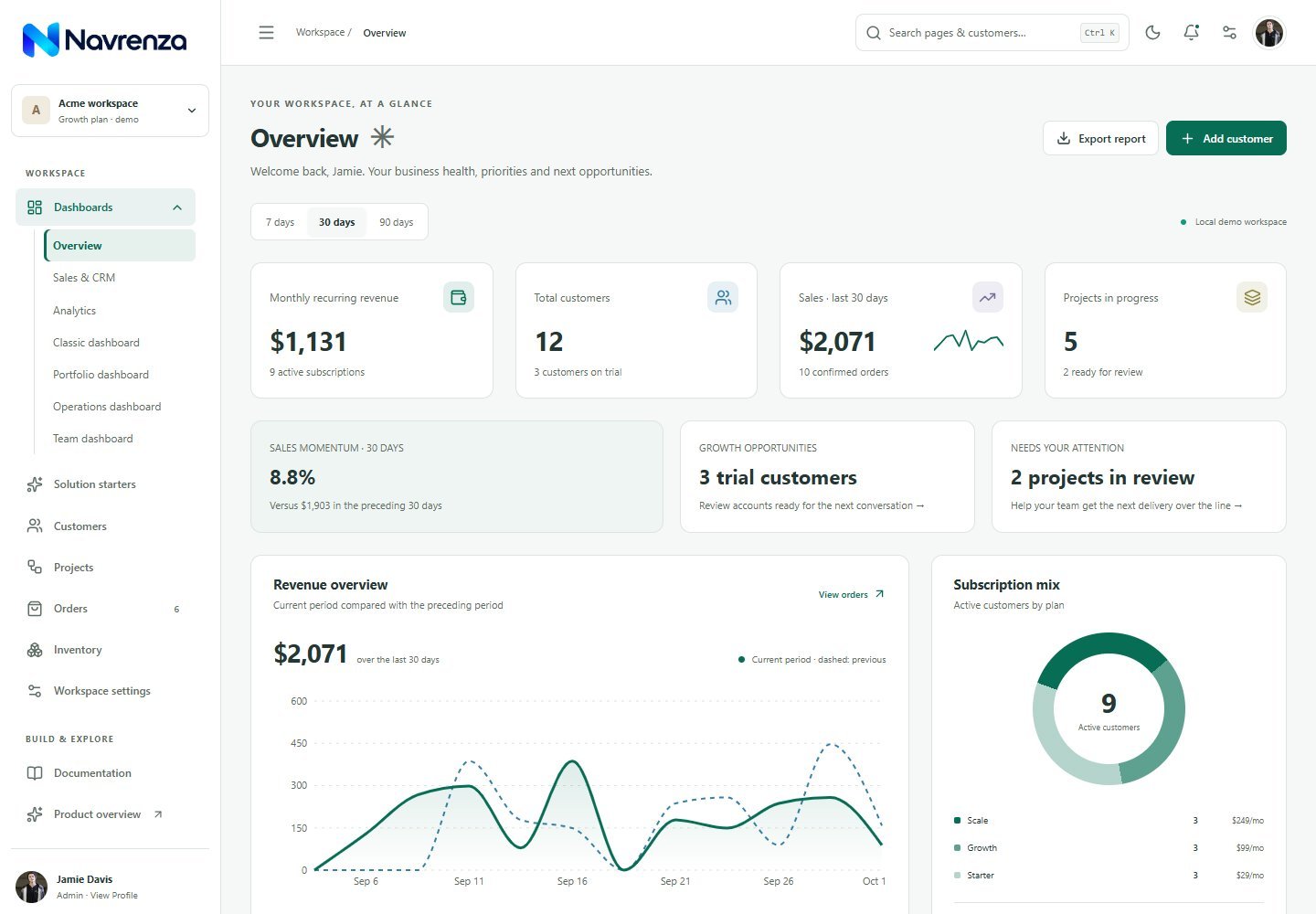 Navrenza workspace overview with revenue, customers and subscription charts